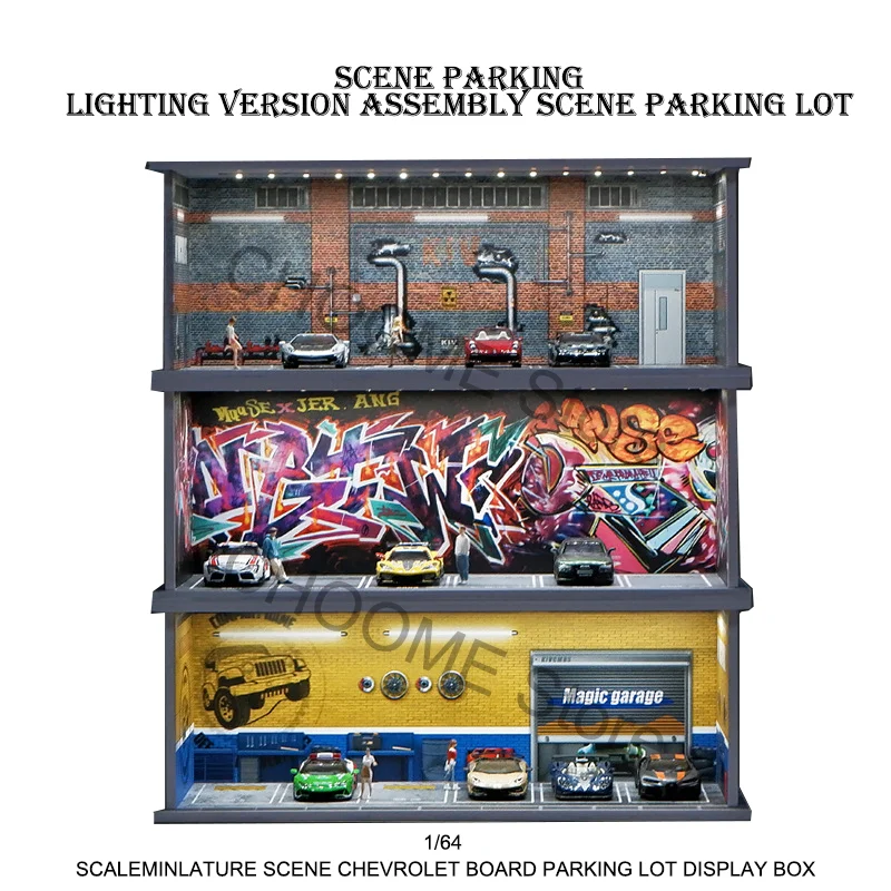 Modelo de estacionamento simulado 1/64, cena em miniatura, montagem em pvc com luz, modelo de espaço de estacionamento, estrutura de exibição