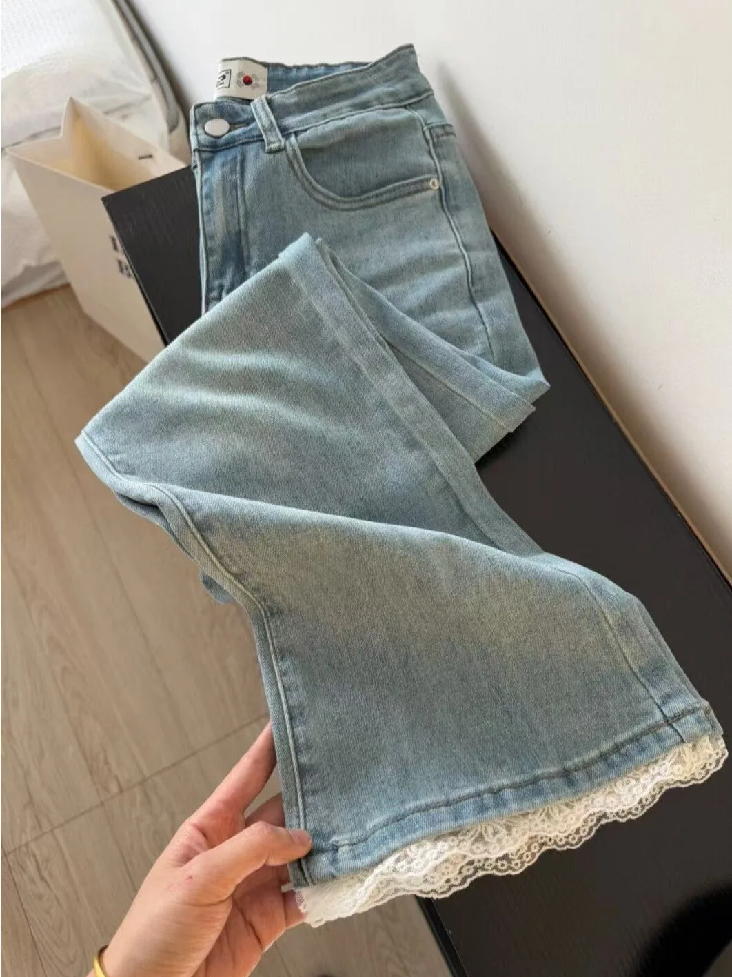 

Светло-голубые джинсы-клеш с высокой талией для женщин, весна-лето, новинка, облегающие брюки, укороченные брюки для полных женщин, маленький размер, длина 7/8