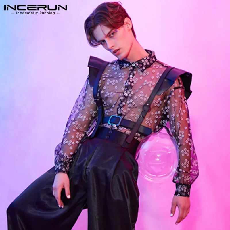 INCERUN Tops 2024 Mens Long Sleeve Mesh Shirts Casual Printing Shirt Man See Through Loose Blouse Fashion Party Lapel Blouse 5XL