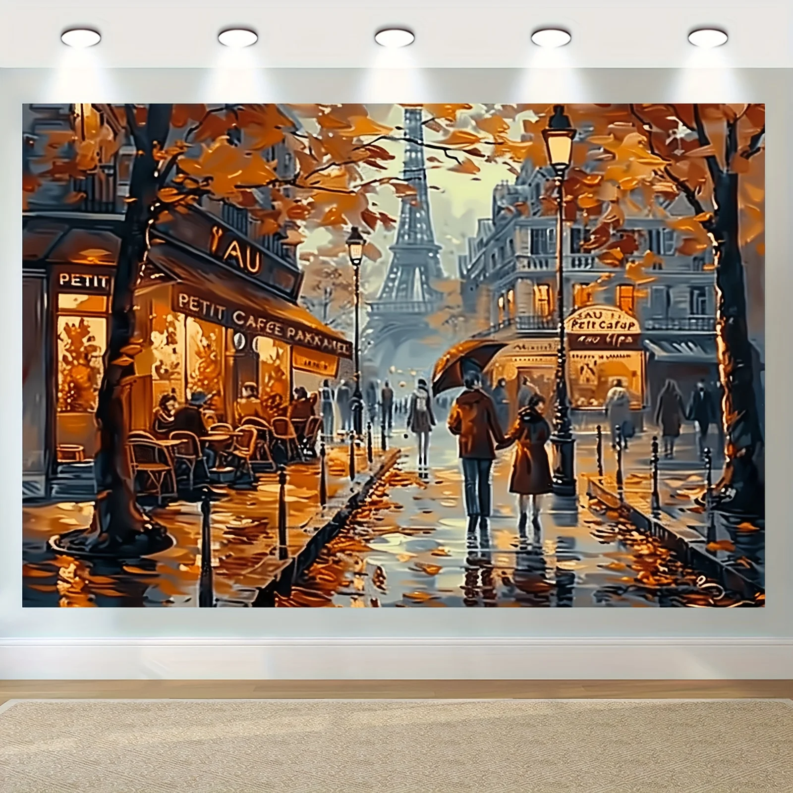 Paris Autumn Street Scene Wall Art Eiffel Tower Cafe Romance Painting European Travel Decor Living Room 2D Flat Print