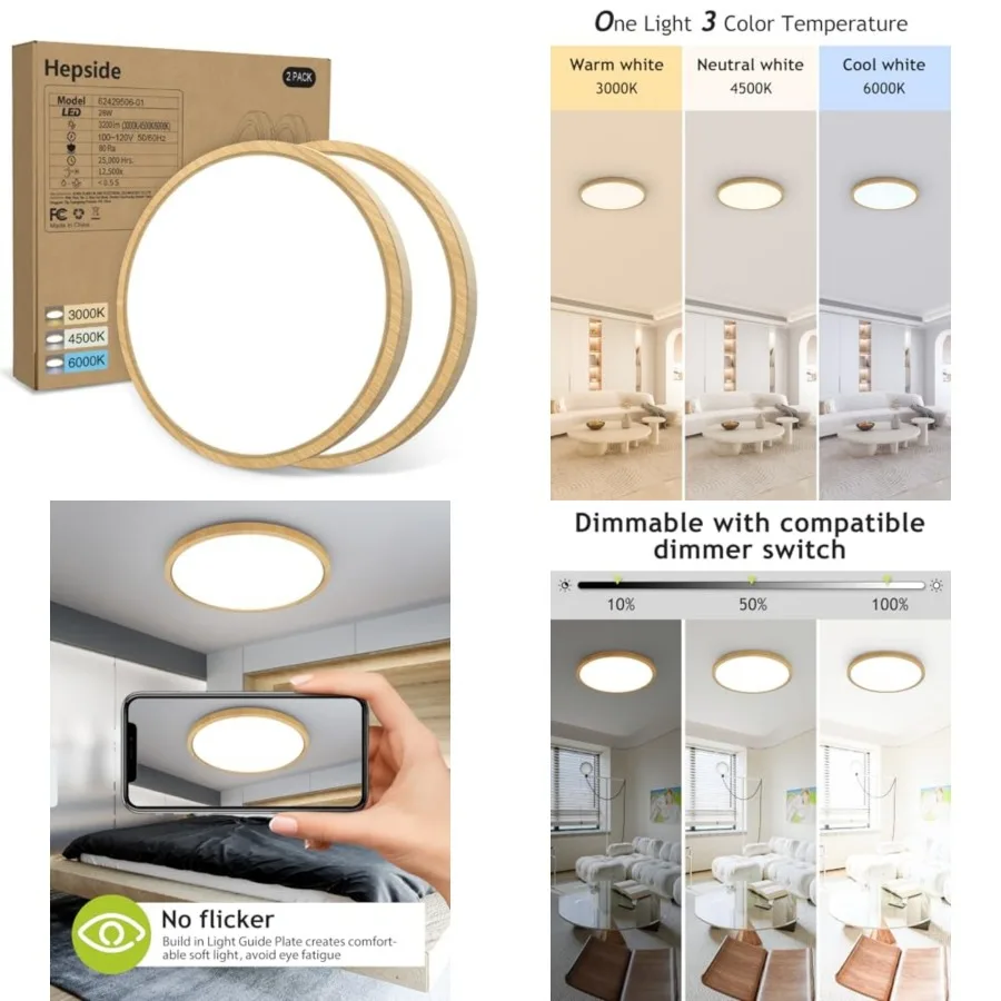 2PACK Flush Mount LED Ceiling Light Fixture en, 12Inch 28Watt, Dimmable and 3000K-4500K-6000K Ceiling Lamp 3200LM Low Profile C