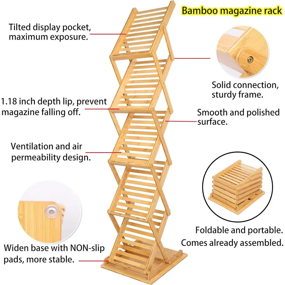 حامل مجلات A4 من الخيزران قابل للطي، حامل أرضي بـ 5 جيوب، بطول 57 للمعارض والتجزئة. #4