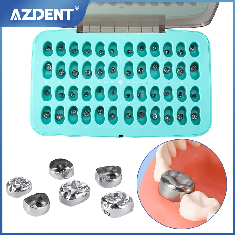 48Pcs/Box AZDENT Dental Primary Molar Crown Teeth Preformed Stainless Steel Temporary Crowns Kit Kids Pediatric Dentistry Supply