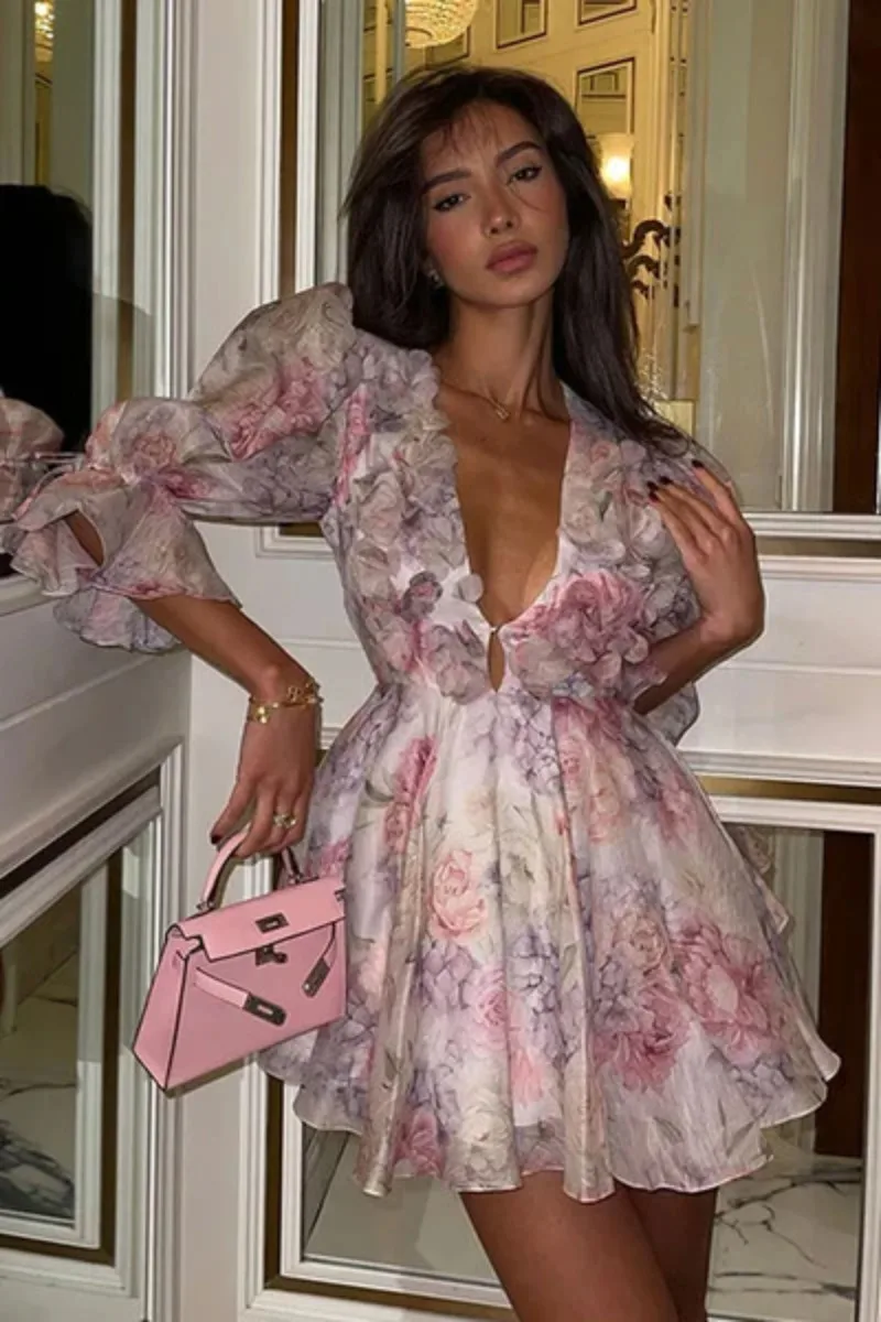 

V Neck Floral Printd A-line Mini Dress Women Elegant Backless Bohemia Vestidos French Chic Lady Holiday Sweet Street Wear Y2k