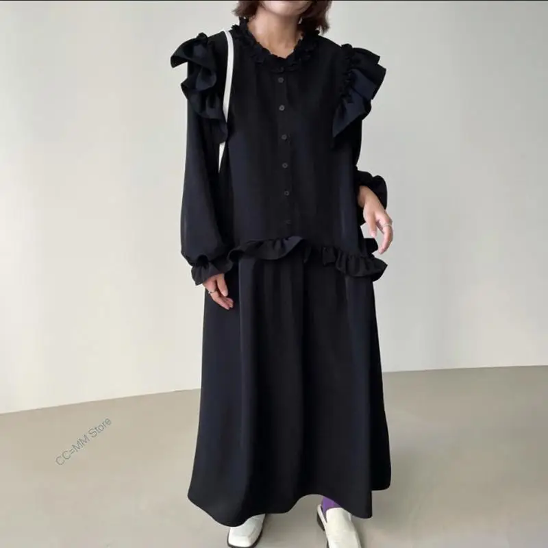 

2022 Korea Chic Temperament Gentle Round Neck Fungus Ruffle Splicing Single Breasted Loose Long Sleeve Dress Tide