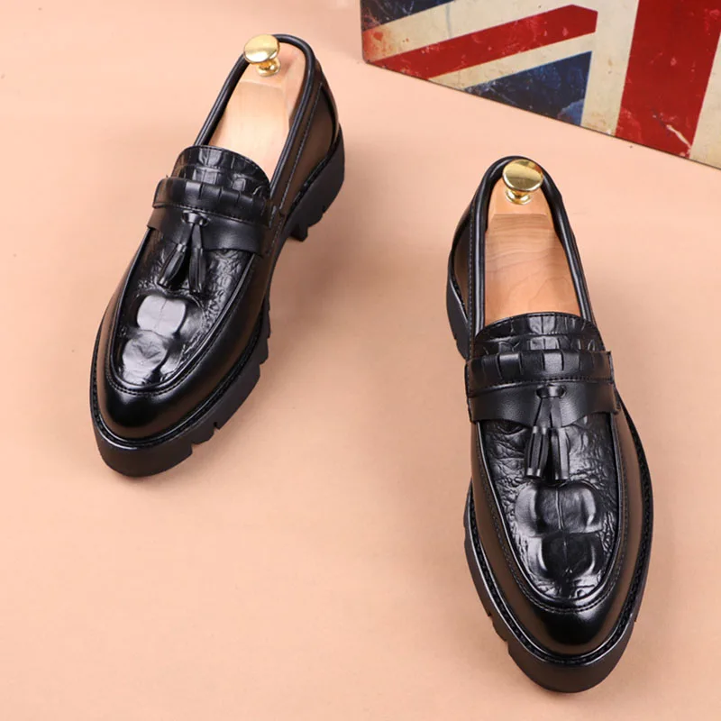 Korean style men casual business wedding formal dress genuine leather tassels shoes slip-on driving shoe black platform loafers