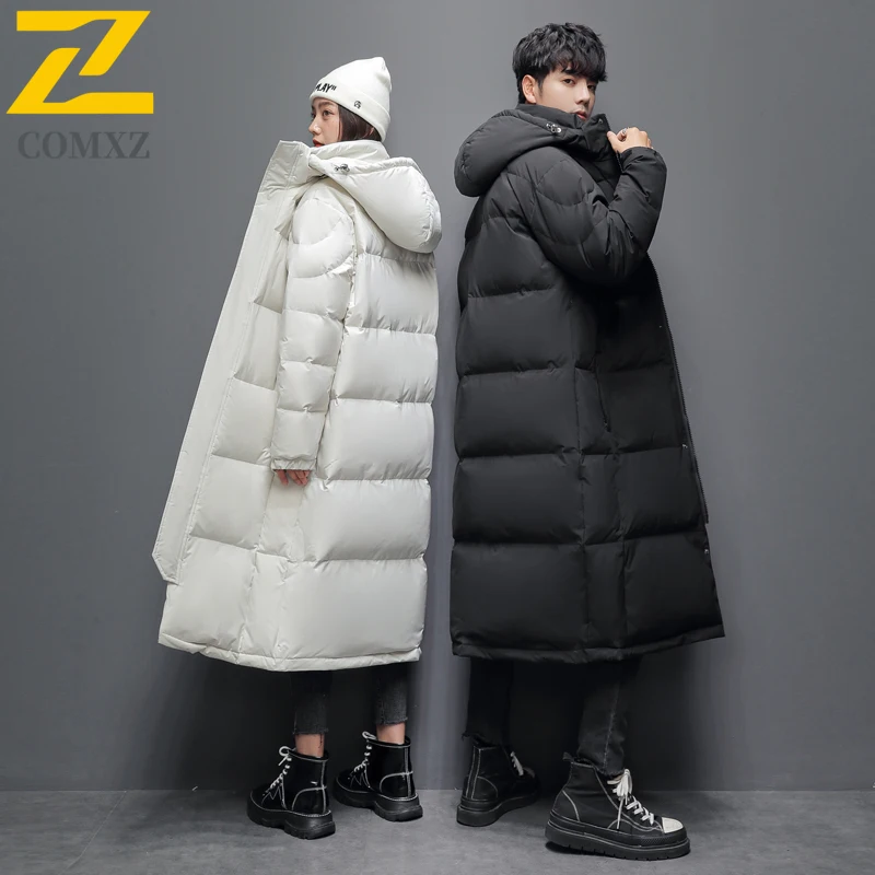 سترة COMXZ الفاخرة للجنسين بلون سادة مع قلنسوة للمشي لمسافات طويلة والسفر معطف طويل دافئ عالي الجودة من ريش البط الأبيض للشتاء #5