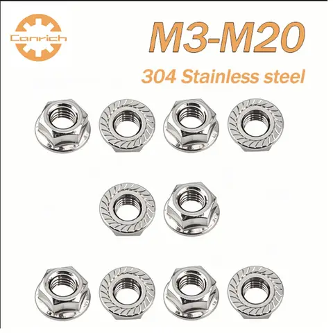 Tuercas con brida hexagonal M3 M4 M5 M6 M8 M10 M12 M16 M20 304 Tuercas de bloqueo automático dentadas de acero inoxidable DIN6923 Spinlock dentadas