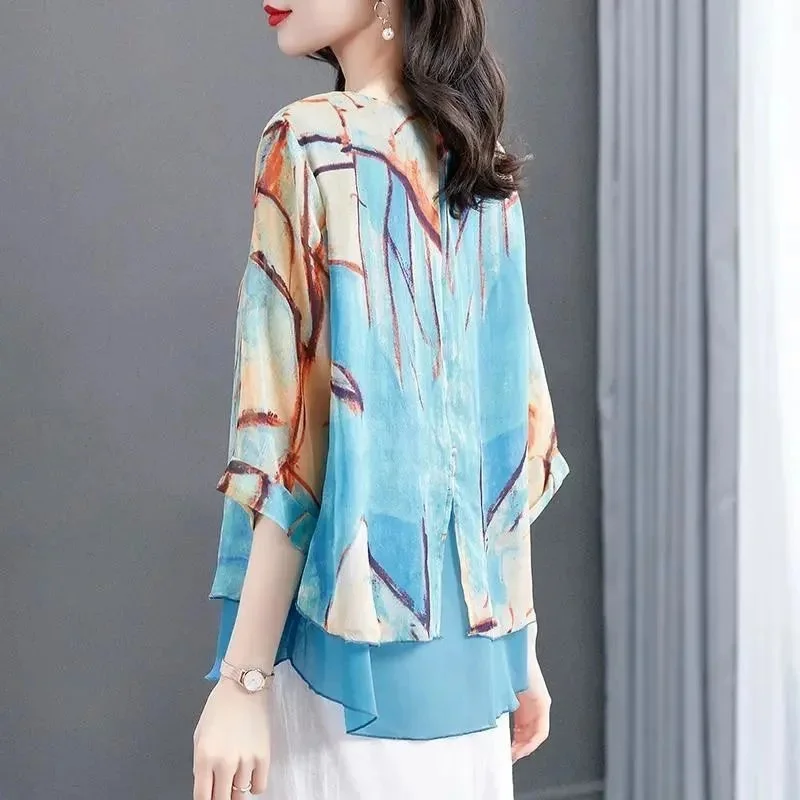 Women Spring Summer Style Chiffon Blouses Shirts Lady Casual Three Quartz Sleeve O-Neck Printed Loose Blusas Tops