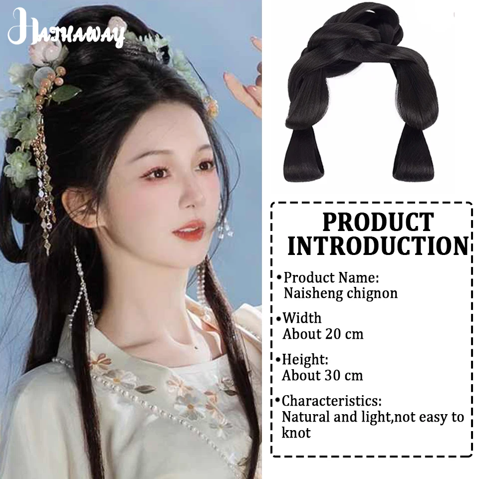 Hanfu Wig satu potong sintetis, kostum Wig hiasan rambut, Wig tas rambut Sanggul antik gaya pengantin dalam Ming dan lagu, pakaian wanita