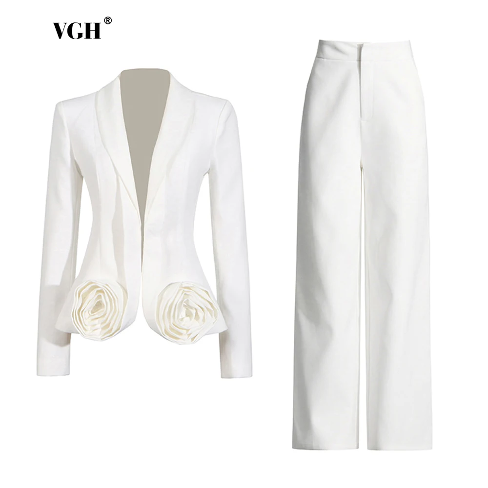 

VGH Solid Two Piece Set For Women Notched Collar Long Sleeve Spliced Appliques Coat High Waist Wide Leg Pant Casual Sets Female