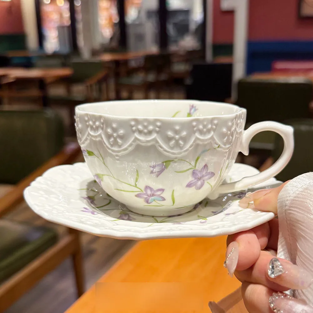 French-style Relief Floral Pattern Cup And Saucer Set Ceramic Tea Cup And Saucer Set Elegant Two-piece Sets Coffee Cup and Dish