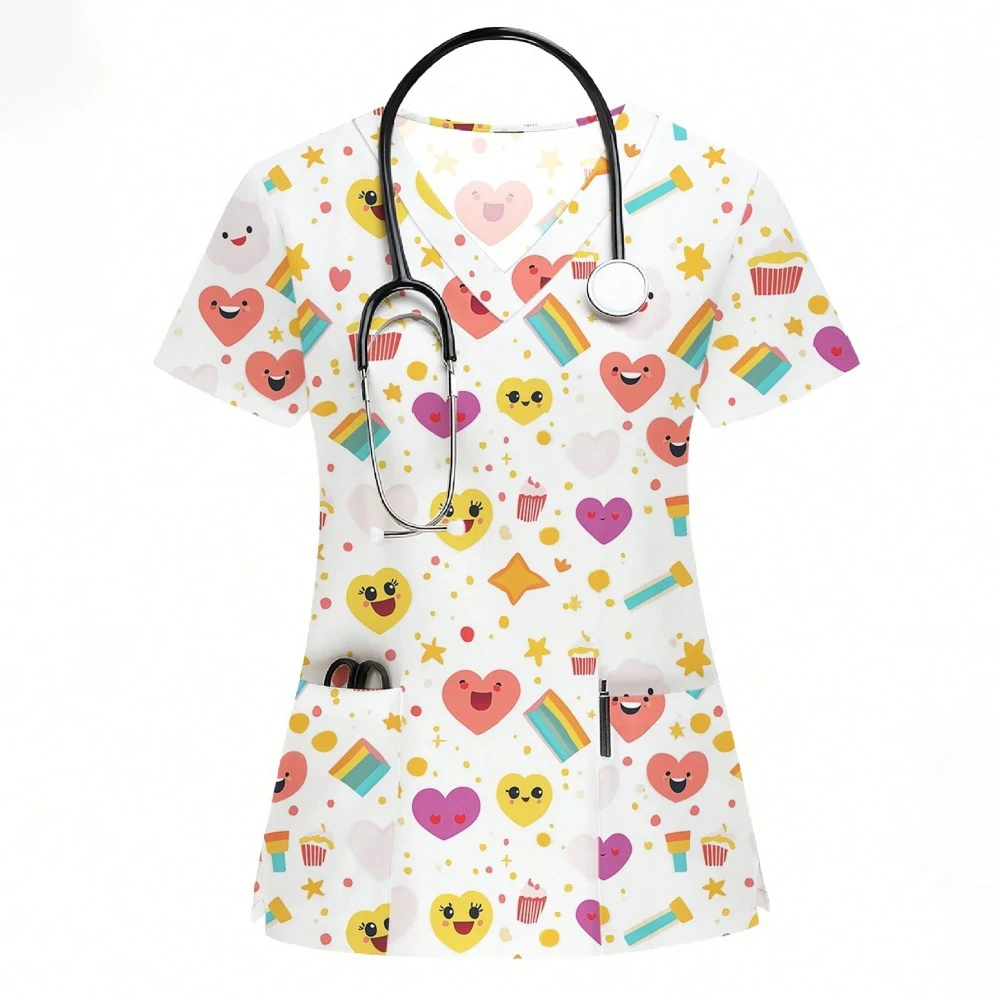 Animal dos desenhos animados enfermagem esfrega topos feminino uniforme de enfermeira moda feminina com decote em v bolso macacão uniformes médicos mulher