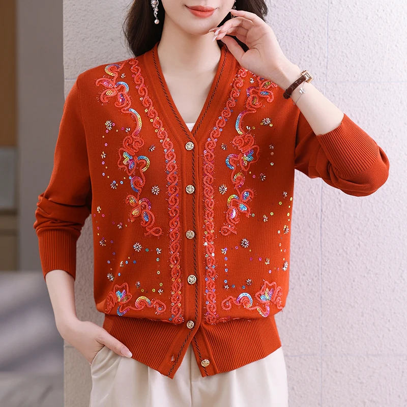 

Beading Single Breasted Cardigan Sweater Women 2025 Autumn Spring Women Clothing Soft Coat Slim Knitwear Cardigans