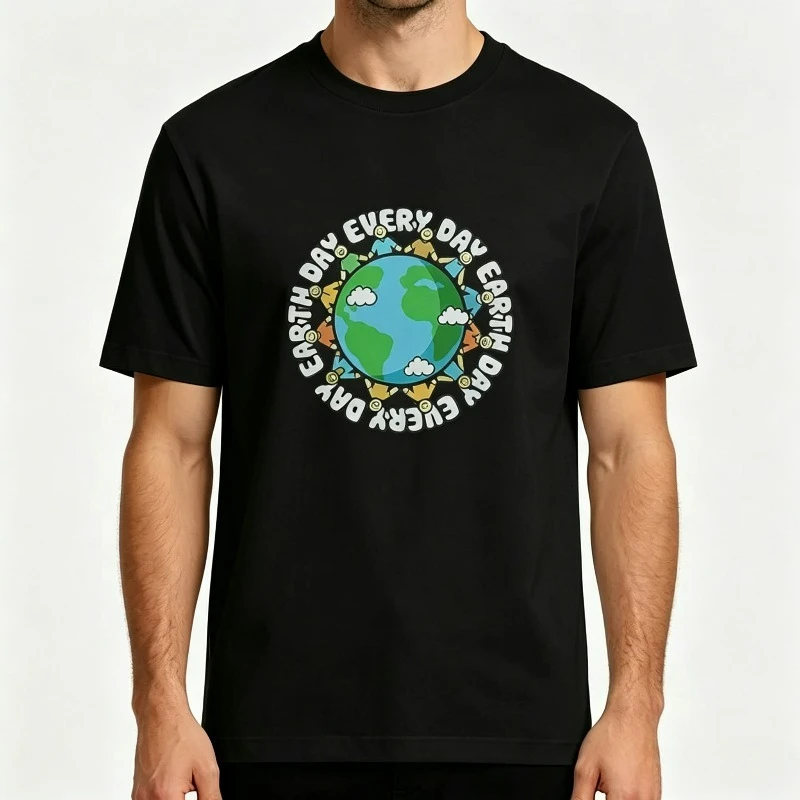 Men's 'Earth Day Every Day' T-shirt, Cute Globe Graphic Top in Black and White