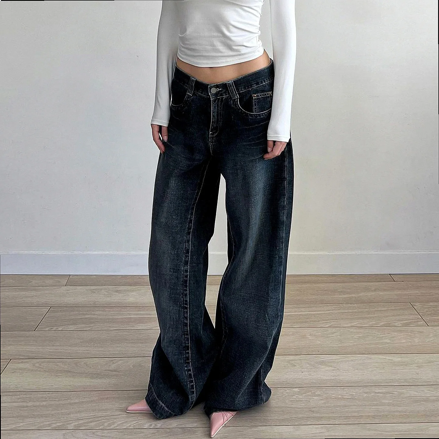 US Streetwear Loose Asymmetrical Zipper Jeans Women Straight Wide Leg Floor-Length Pants