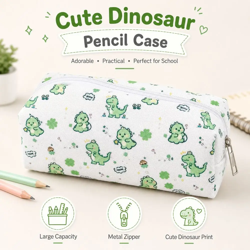 Dinosaur Pattern Dinosaur Pencil Case Metal Zipper Large Capacity Zipper Pencil Pouch Rectangular Shape Cute Style