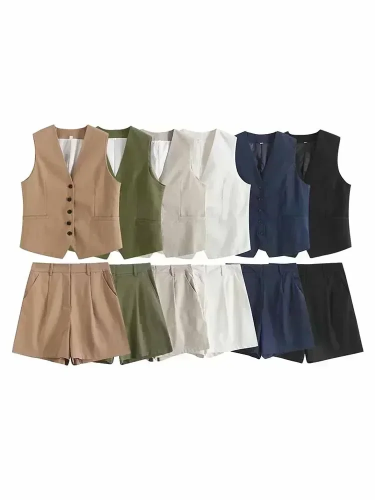 

Women New Fashion Linen Cropped Customized Casual Vest Vintage V Neck Button-up Female Waistcoat Chic Tops + shorts Women's suit