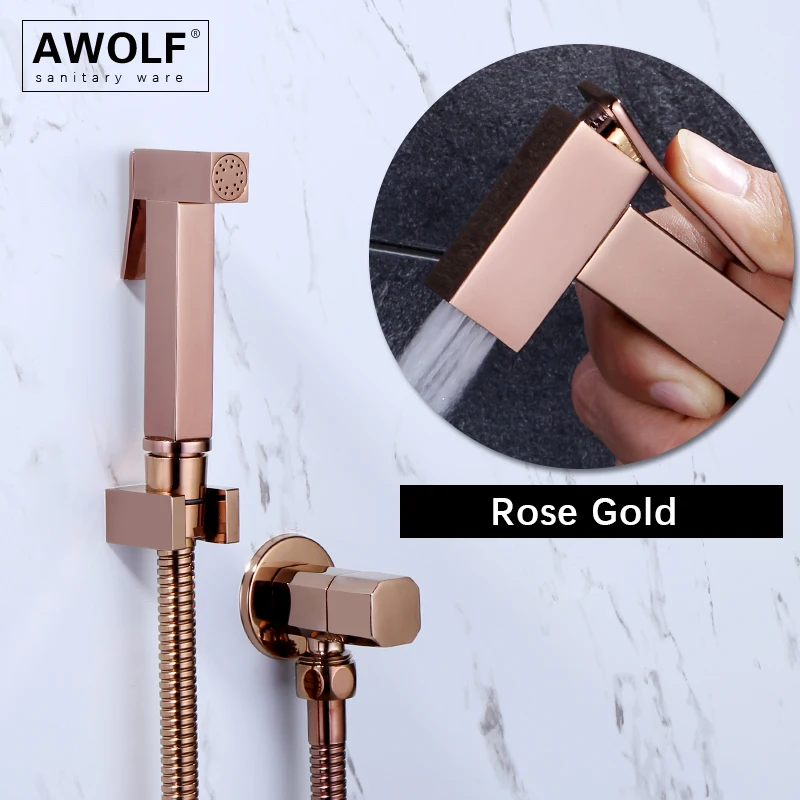 Awolf Rose Gold Solid Brass Toilet Bidet Sprayer Set Square Handheld Hygienic Shower Head for WC Anal Shower System AP2180