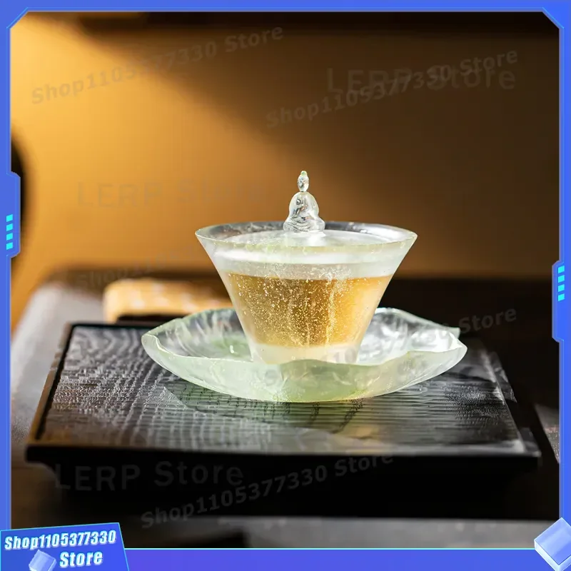 Handmade Glass Kung Fu Tea Set Ancient Glazed Teacup with Lid Jisu Qingkong Zen Heart Bowl Household Cover Cup for Gongfu