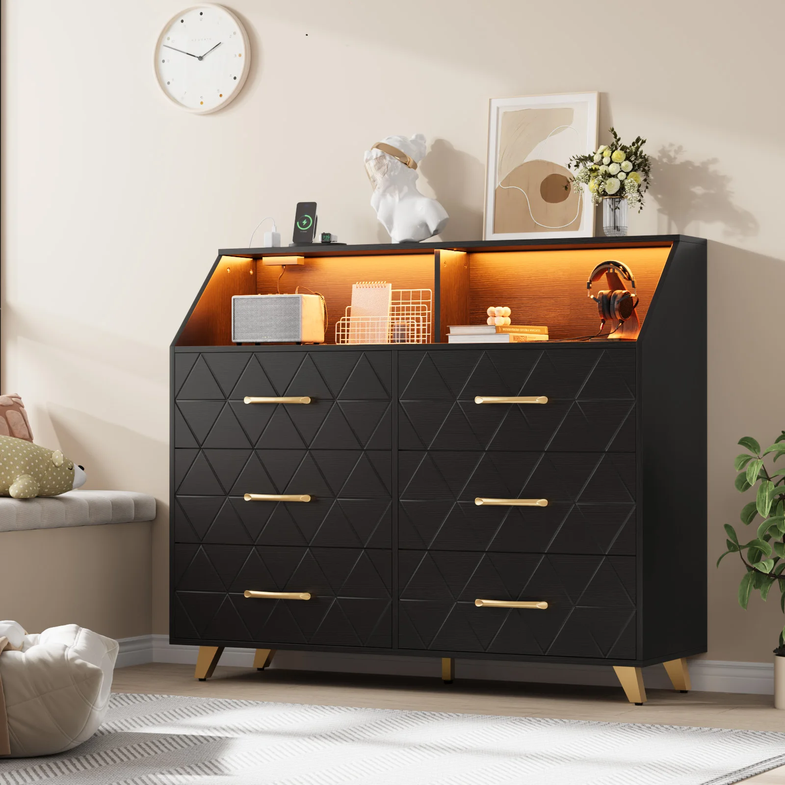 Modern 6 Drawer Dresser with LED Lights & Charging Station  Spacious Wooden Entryway Storage Cabinet  Gold Handles   Perfect for Bedroom Closet Hallway TV Stand Clothes Organizer