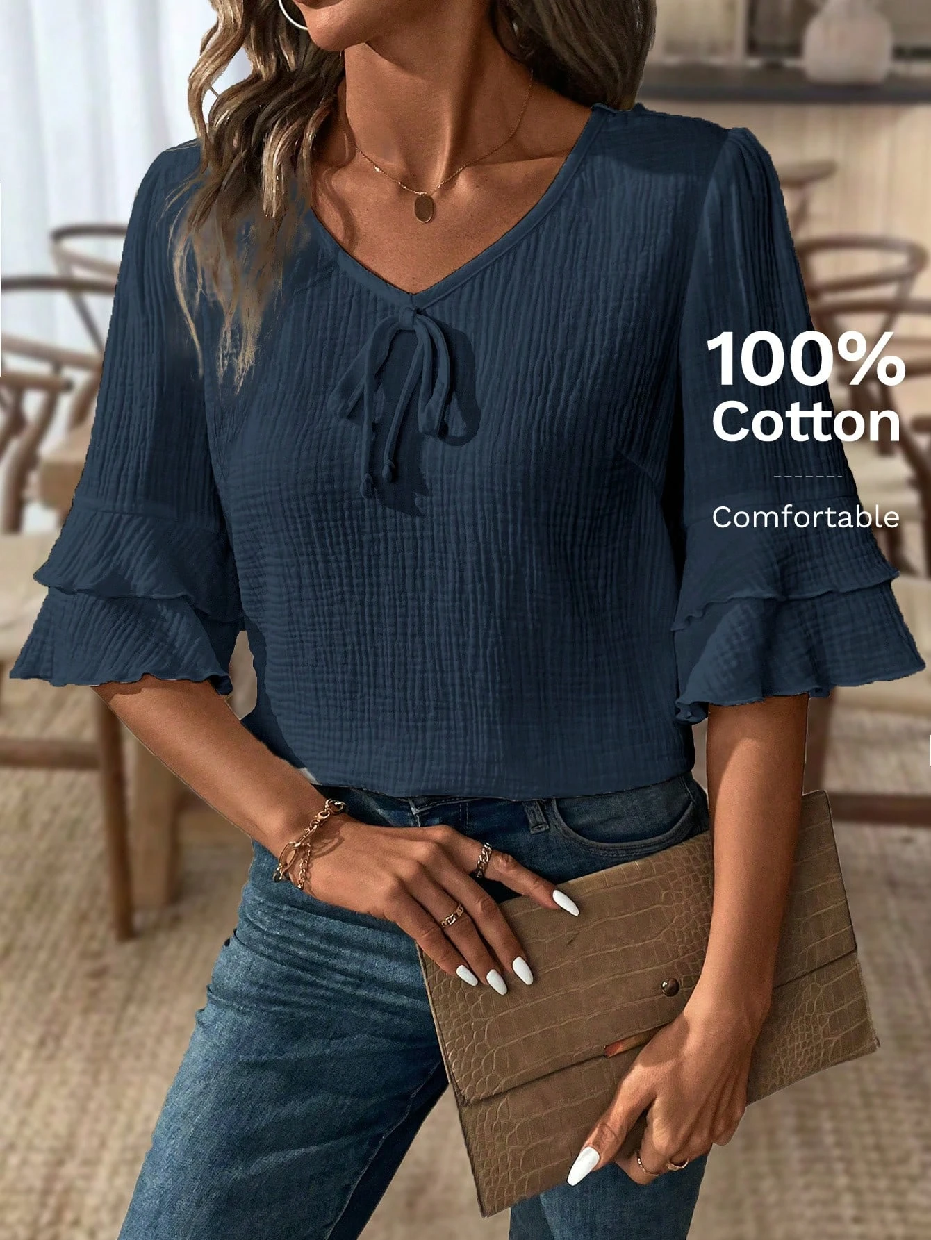 1 100% Baumwolle Lässiges Damen-T-Shirt, Das Design Mit Mehrschichtigen Ärmeln Ist Modisch und Elegant – Detail 7
