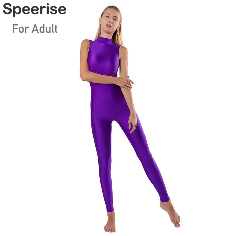 Speerise Women Spandex Nylon Tank Dance Unitard Adult Bodysuit Yoga Workout Full Body Jumpsuits Turtle Neck Sleeveless Back Zip