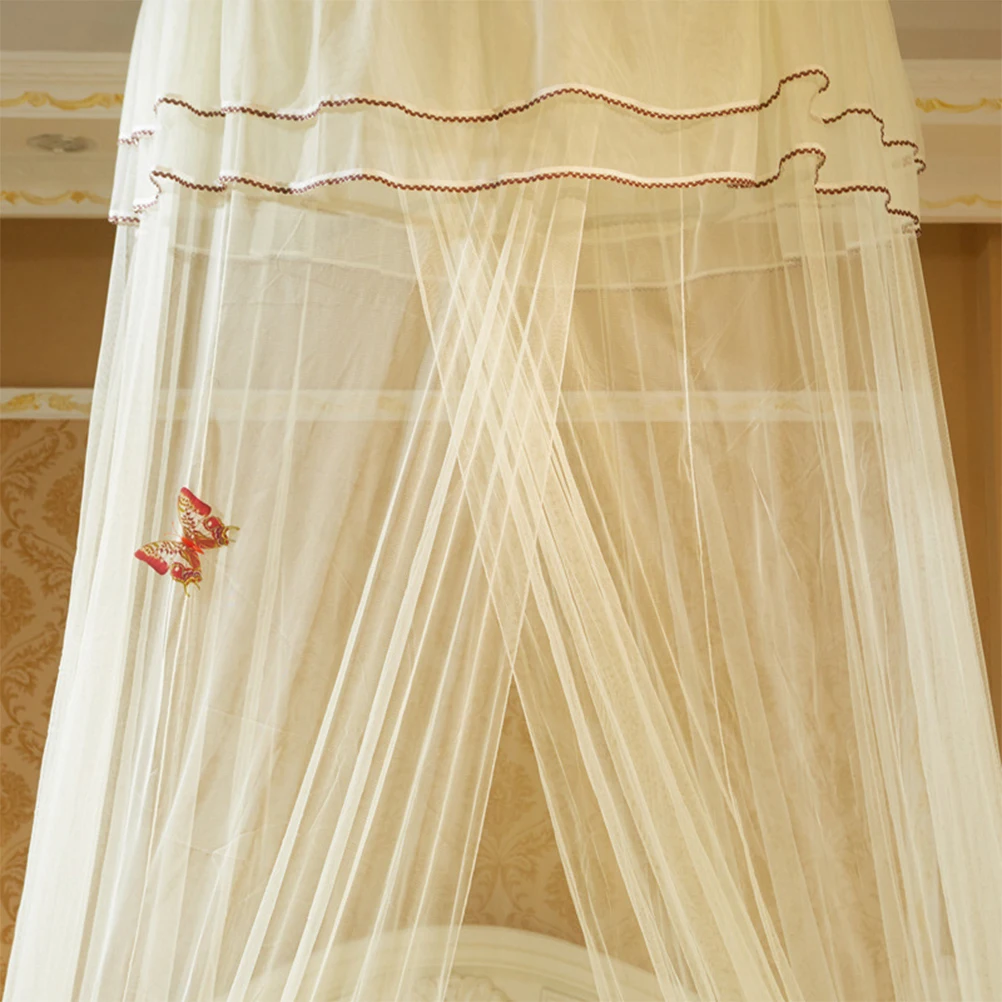 

1pc Ceiling Lace Canopy Mosquito Proof Lightweight Polyester Dome Bed Netting Hanging Bedroom Net Curtain For Beige