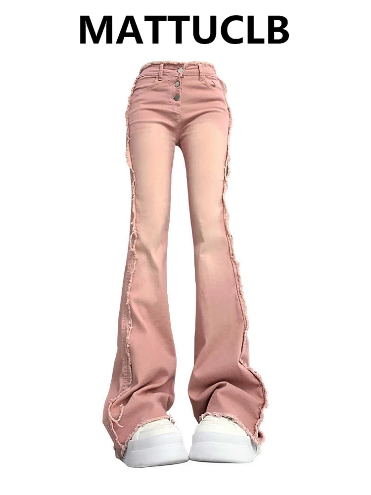 

Women's High Waist Flared Denim Pants Pink Jeans Bell Bottom Y2k 2000s Harajuku Skinny Jeans Japanese Gyaru Korean Designer New