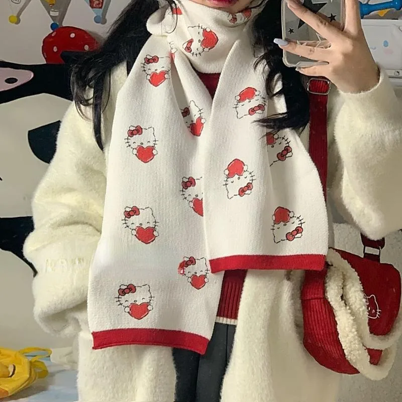 New Hello Kitty Cartoon Animation Winter Cute Creative Personality Girl Heart Kawaii Daily Versatile Warm Scarf Gift Wholesale