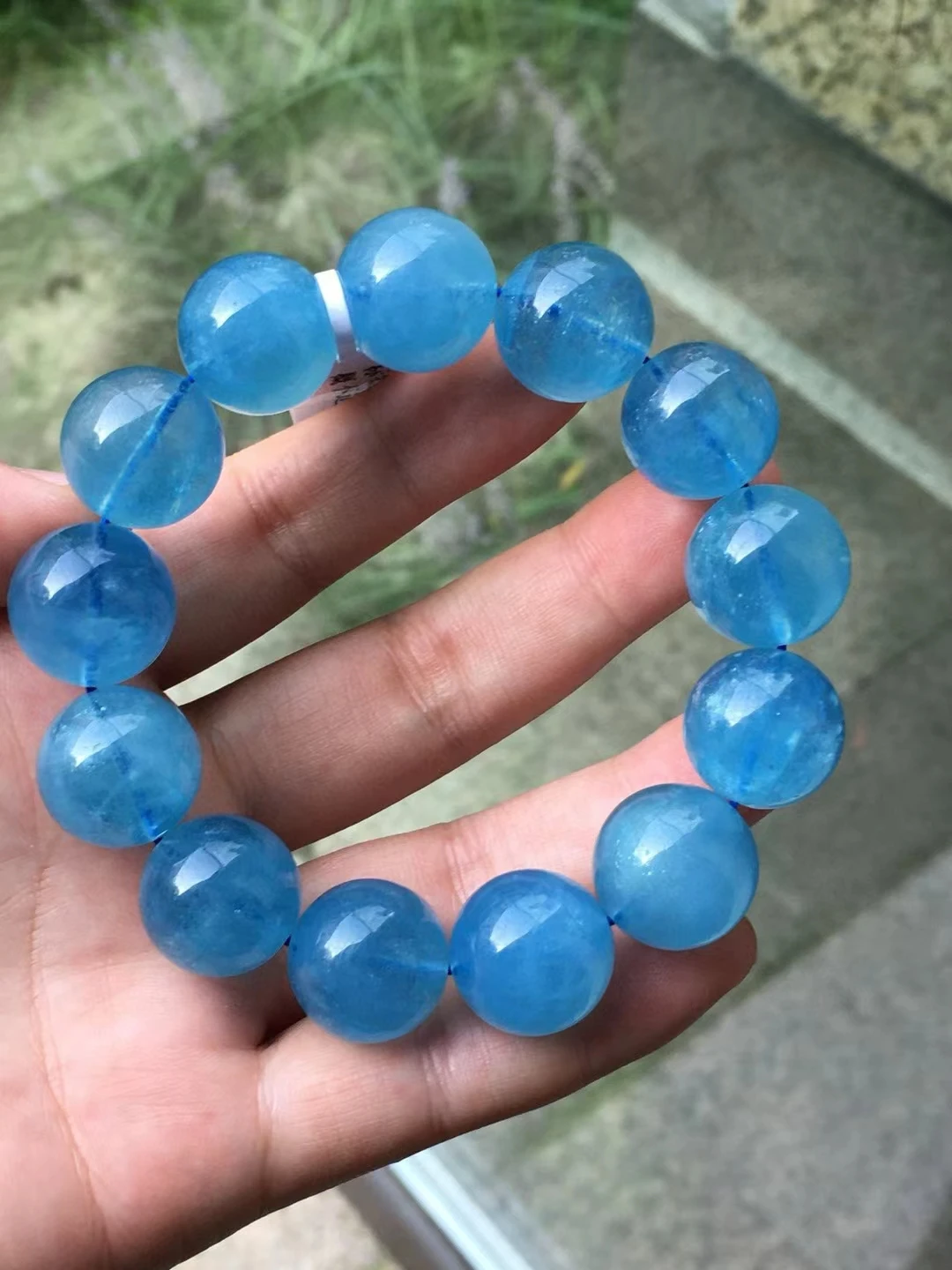 Natural Blue Aquamarine Clear Round Beads Bracelet Women Men Brazil 17mm Stretch Blue Aquamarine Jewelry AAAAA