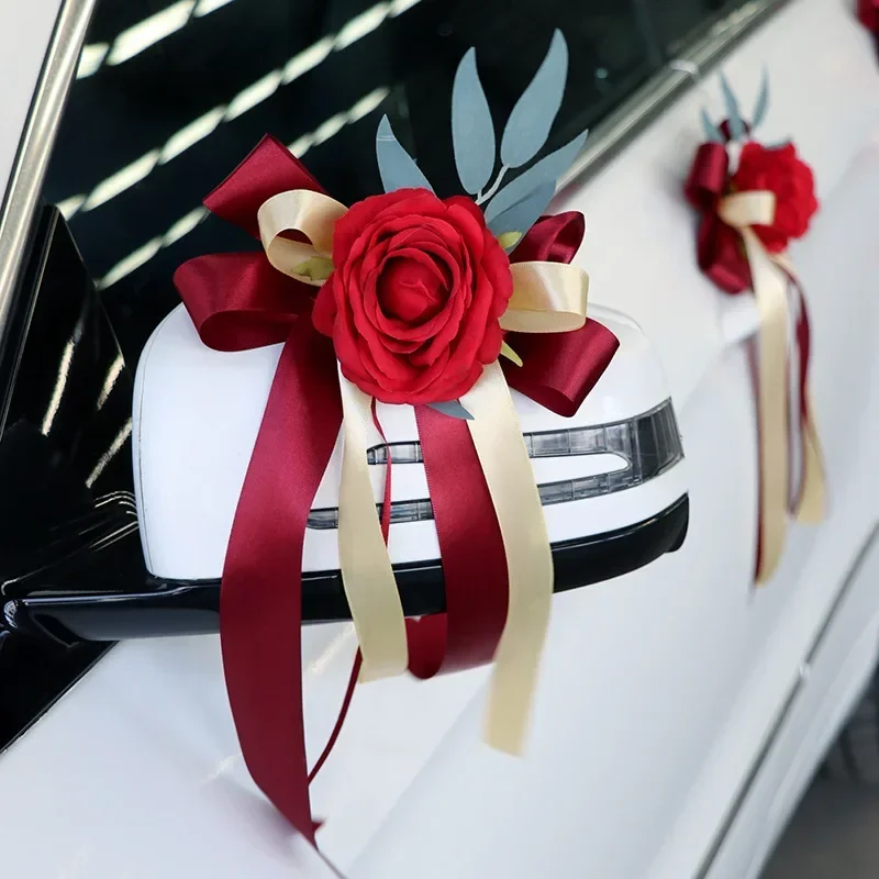 

Wedding Car Decoration Flowers Kit Wine Red Artificial Rose Ribbon Bow for Car Front Door Handle Ornament Decor Supplies