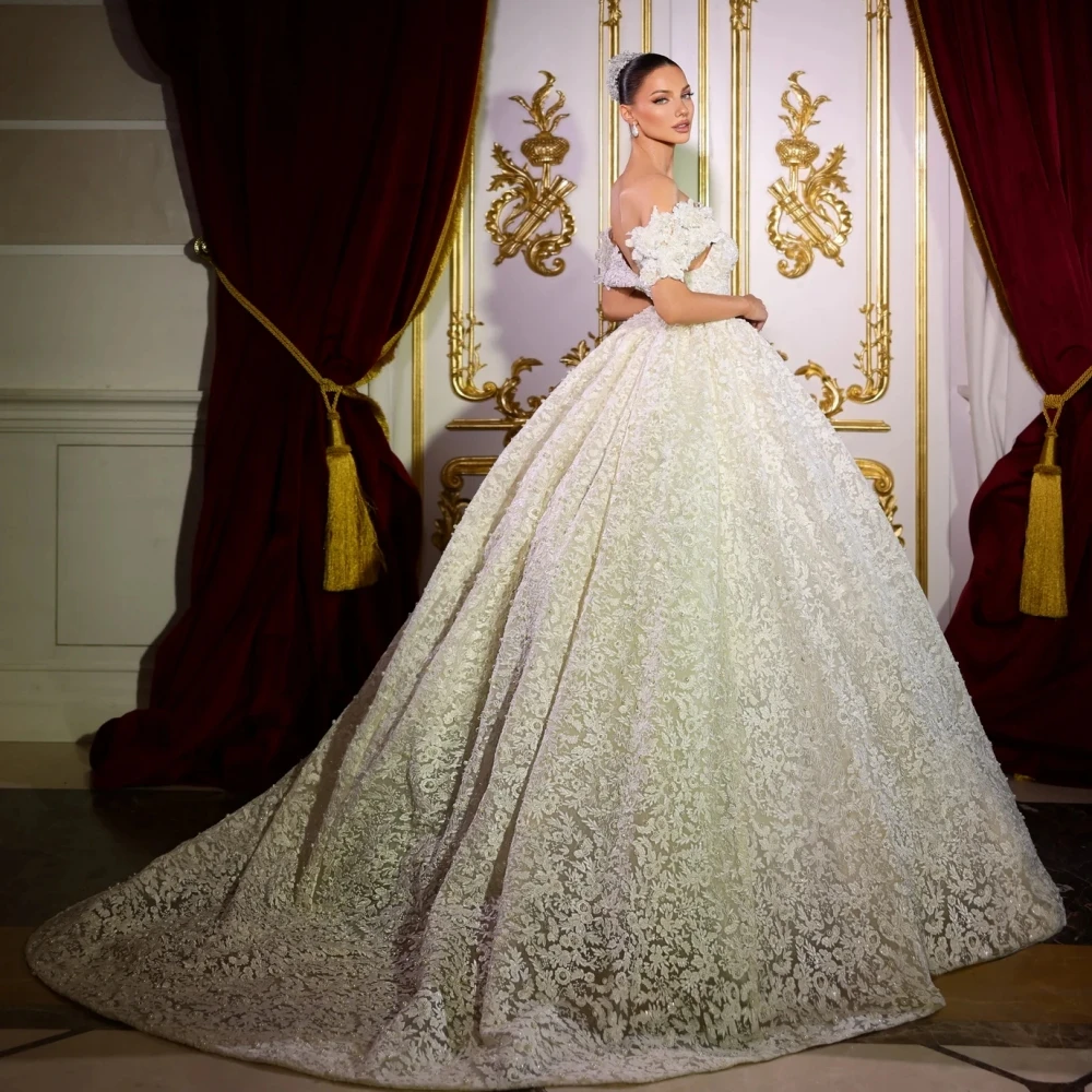 Gorgeous Shiny Pearls Lace Appliques Wedding Dress V-neck Off Shoulder Bridal Gown Customized Ball Gowns Dresses For Bride