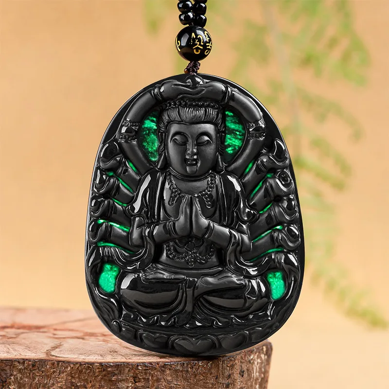 

Hot Selling Hand-carve Jade Ink Jade Thousand-hand Guanyin Necklace Pendant Fashion Jewelry Accessories MenWomen Luck Gifts