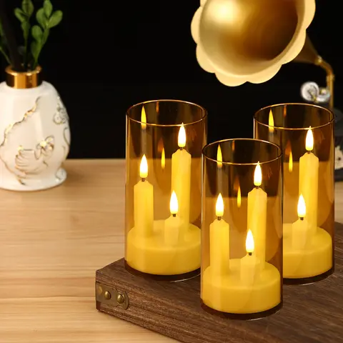 3in1 Flameless Taper Short Candles with Acrylic Lampshade Battery Operated LED Pillar Flickering Candles for Wedding Halloween LED Candles