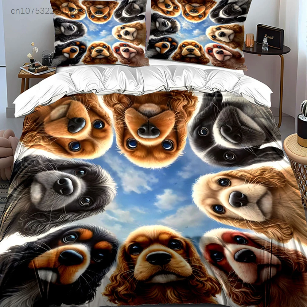 3Pcs Cute Cocker Spaniel Bedding Set, Group Of Dogs Looking Up Print Duvet Cover Set, Pet Puppy Pattern For Dog Lovers Bedroom