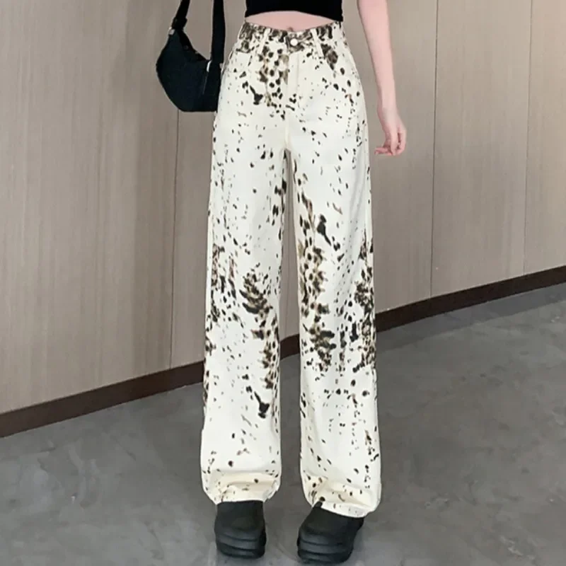 

Леопардовые джинсы для женщин, нишевые прямые джинсы с высокой талией, крутые модные девушки, простые, полная длина, универсальные, винтажные, повседневные, весна-осень