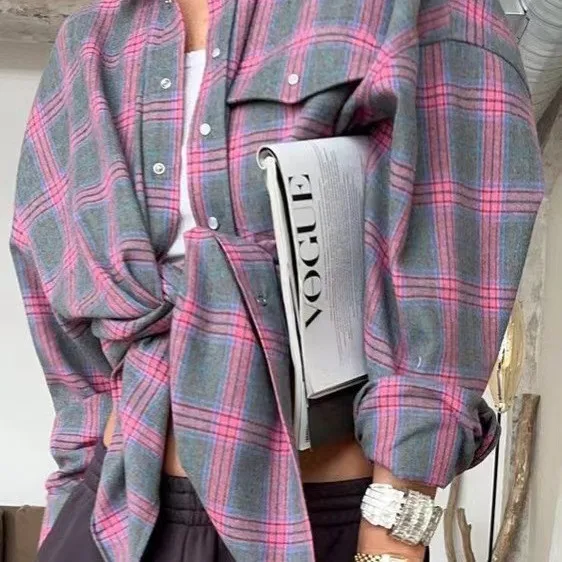 Plaid Loose Fit Shirt with Button Front Checkered Pattern American European Style No Stretch Wrinkle Finish Casual Women Blouse