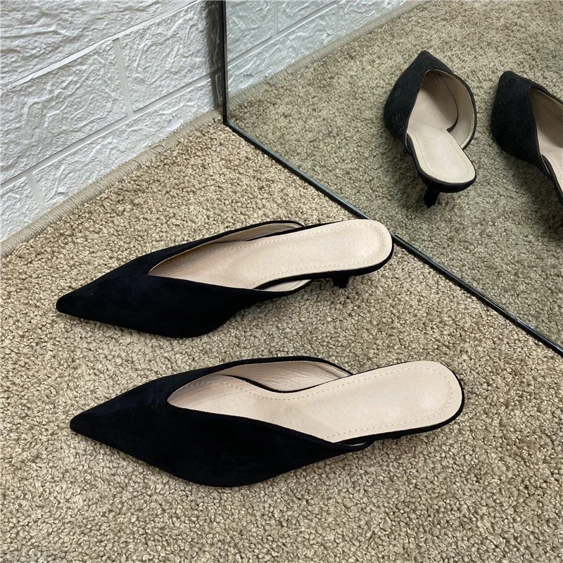 New Pointed Toe Women\'s High Heel Slippers 2024 Spring Closed Toe Sexy Stiletto Suede Simple Slippers