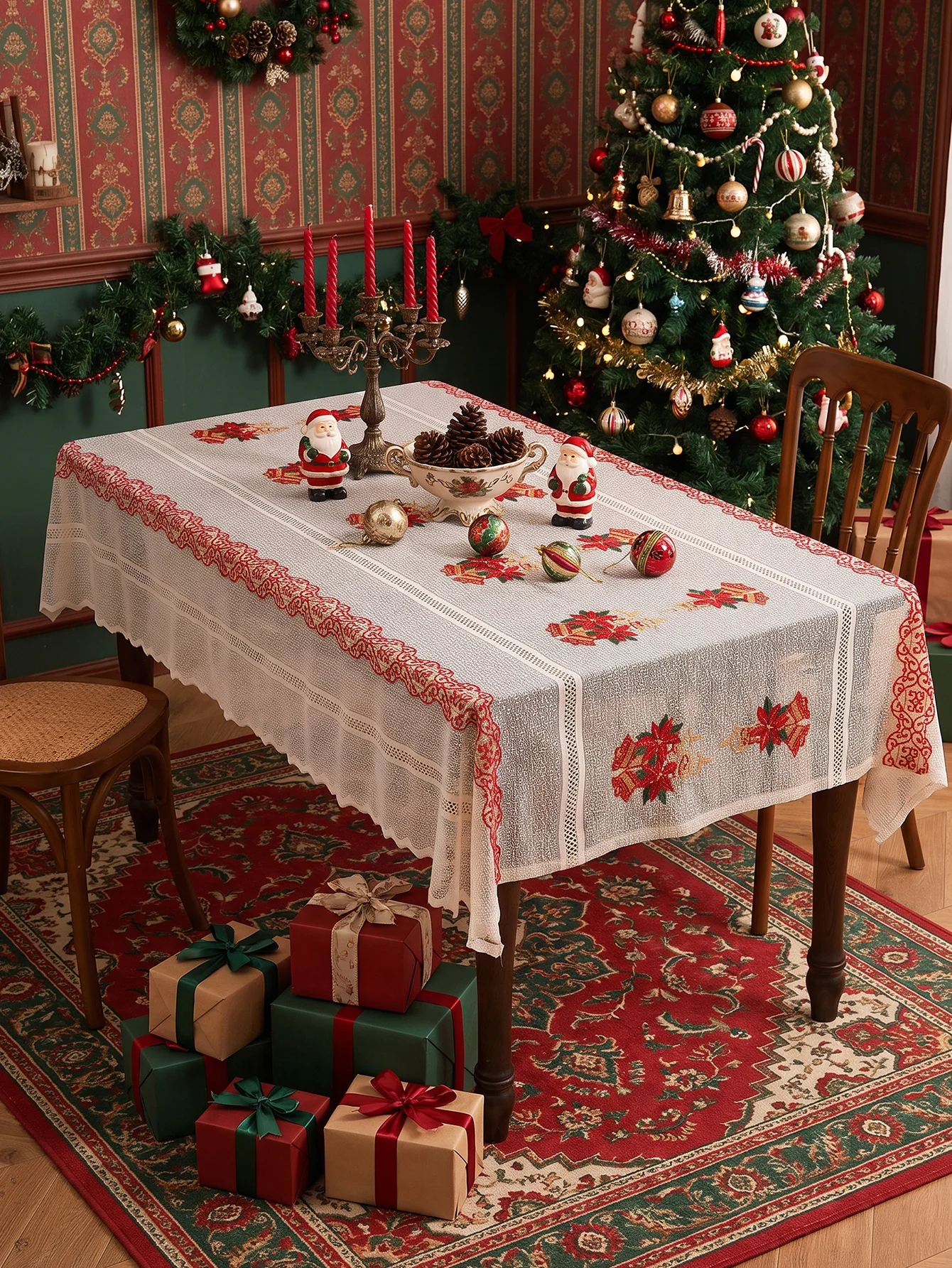 Embroidered Christmas Bells Lace Tablecloth, Semi-Sheer Rectangular Table Cover with Red Lace Trim for Holiday Dinner Decor