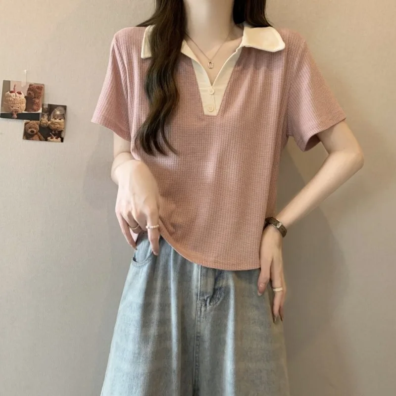 

Women's Contrast Collar Polo Shirt Casual Ribbed Knit Short Sleeve Cropped Top Loose Fit Daily Blouse