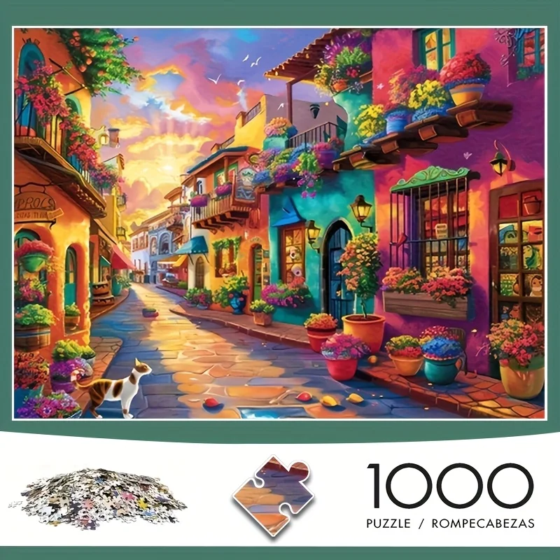 1000pcs Advanced Level Mini Puzzle for Adults - Vibrant European Street Scene with Colorful Buildings & Flowers, 38x26cm/14.96