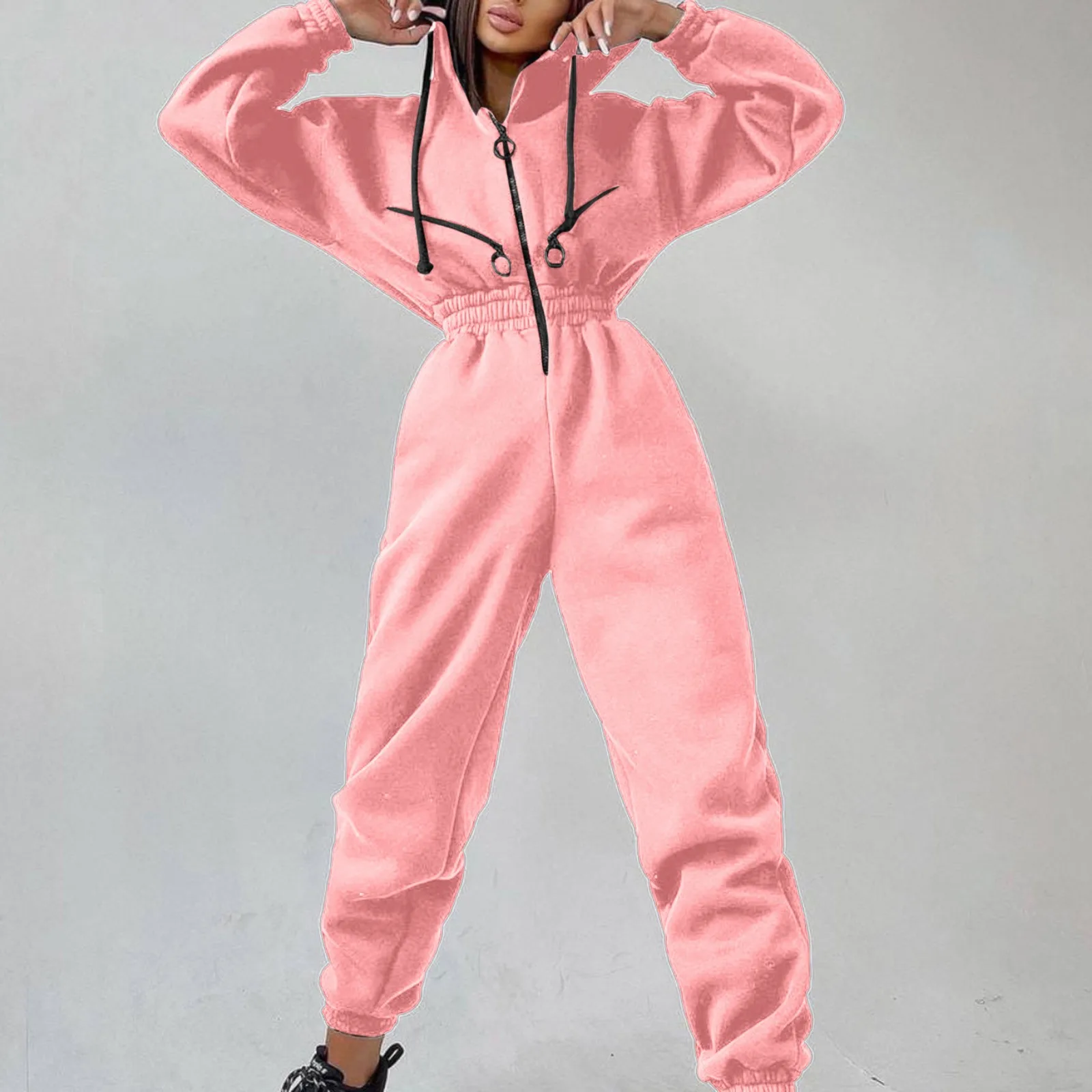 

Women Hooded Half Zipper Sweatshirt Jumpsuits Sport Casul Long Sleeve Drawstring Rompers Tracksuits Solid Color Loose Overalls