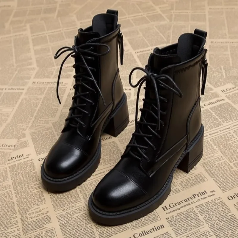 Women's Boots High Quality Casual Leather Boots Classic Lace-up Ankle Boot 6cm Thick Heel Platform Boots for Women Botas Mujer