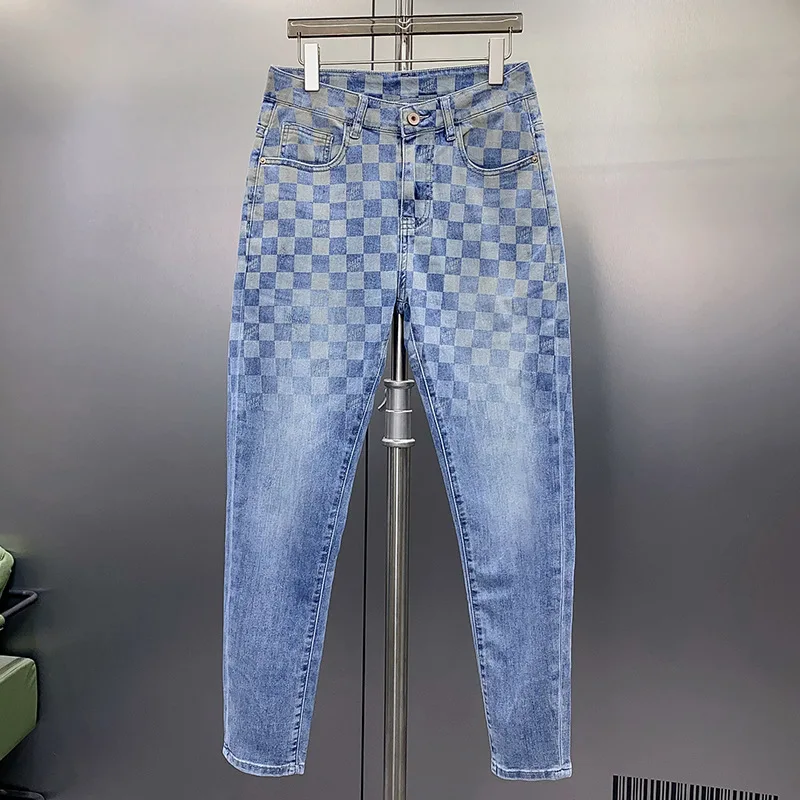 New Jeans Men\'S Plaid Print Straight Fit Men\'S Pants Blue Fashion Designer Casual Everything With Street Cotton Denim Pants