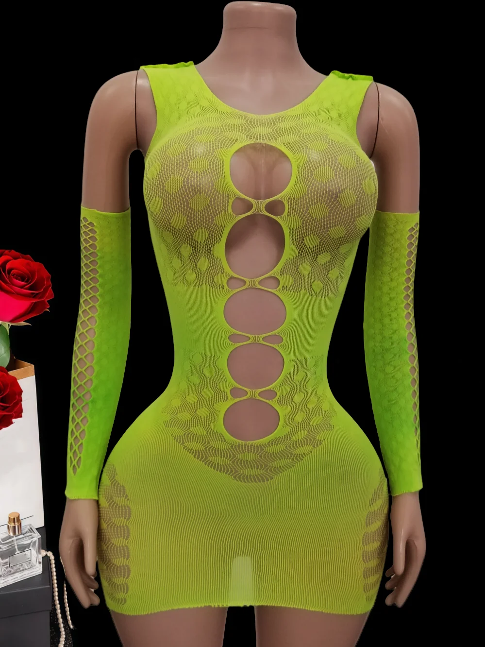 

Sexy lingerie hot women erotic dresses and gloves sets green mesh hollow sexy underwear nightgown sleepwear costumes