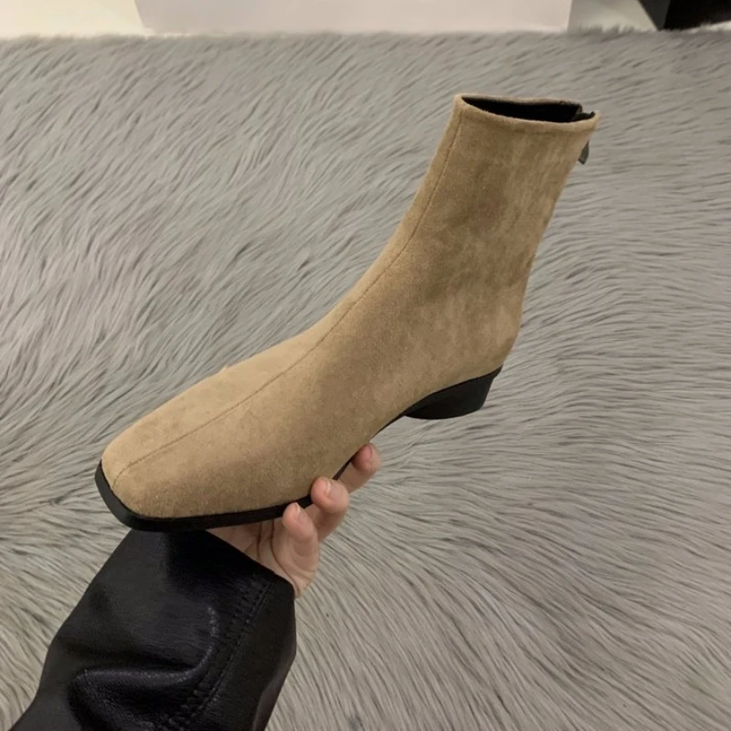 2025 Peach-colored Back-Zip Nude Boot - Fashion Square-Toe - Fall/Winter Style - High Heel - Women's Elegant - Tight Short Boot