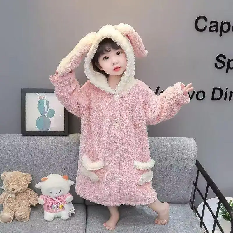 

Hot Girl Hooded Flannel Robe Autumn Winter Thicken Mid-Length Pajamas Child Clothing Kawaii Fashion New Style Casual Homewear