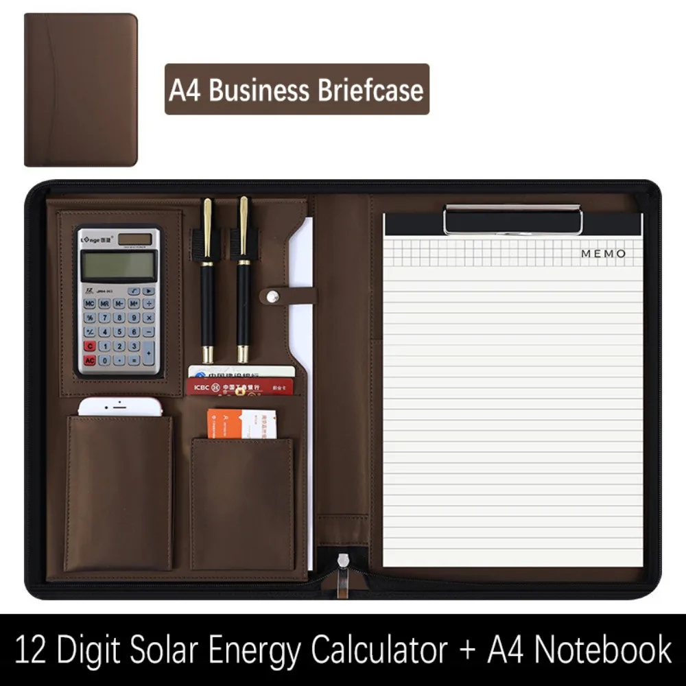 

PU Leather A4 File Folder With Calculator Zipper Closure Business Notepad Pen Insert Card Holder Business Briefcase School
