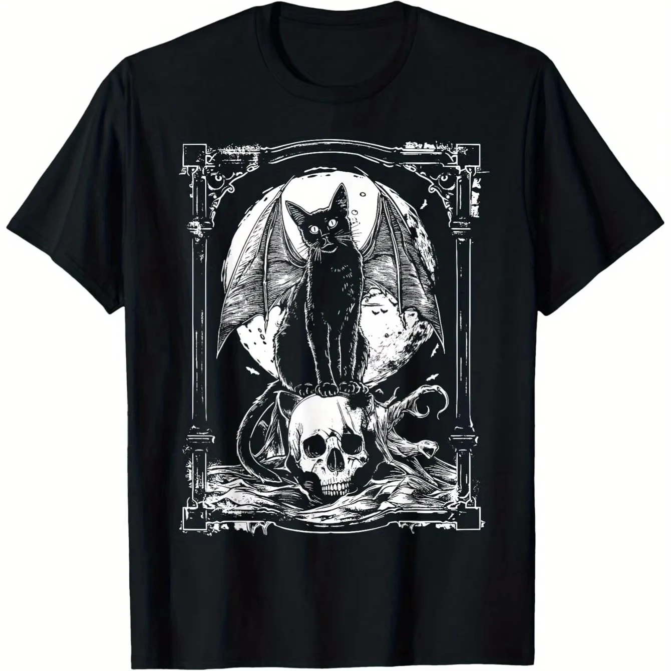 Mysterious Bat Skull Gothic Graphic Tee Unisex Round Neck Black Metal Punk Avant-garde Casual Streetwear Gothic Lover Tops